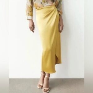 Zara Satin Effect Ruched Slit Midi Skirt